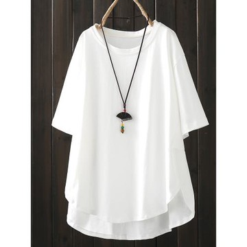 短袖t恤女夏寬松文藝2024新款不規則開叉上衣半袖純棉體恤遮肚子