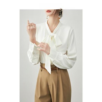 高端緞面綁帶蝴蝶結白色襯衫女2025春裝法式氣質上衣通勤正裝職業