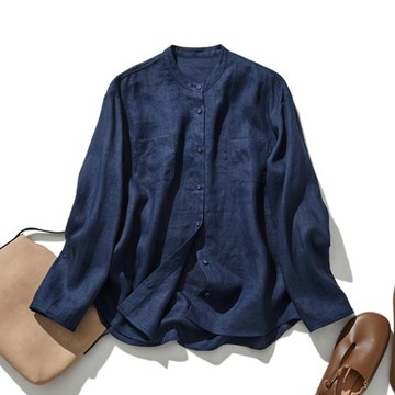 高質感亞麻長袖襯衫 100% 亞麻 清新自然 藏青色 240316-6