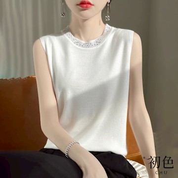 初色 圓領鑲鑽寬鬆柔軟休閒親膚無袖針織衫上衣-共4色-34061(F可選)
