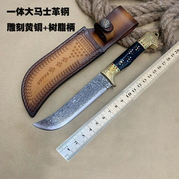 【热销】英桔沙小刀一體大馬士革戶外直刀黃銅精雕黑樹脂高端禮品收藏刀具