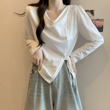 💕甜心大尺碼💕大尺碼上衣 法式蕩領設計感斜扣長袖打底衫女秋季胖妹妹顯瘦遮肚子不規則上衣