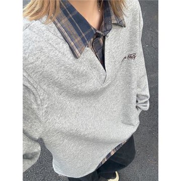 IGHU假兩件襯衫領格子衛衣男秋季美式復古潮派刺繡打底衫長袖上衣