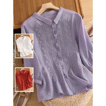 純色刺繡輕薄苧麻襯衫大碼女裝胖mm單排扣七分袖小翻領百搭開衫夏