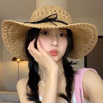 台灣熱賣 2026新款蝴蝶結草帽女鏤空鈎花可折疊海邊沙灘大帽簷防曬漁夫帽-L1001 OZEG