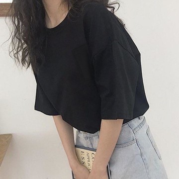 日本 GRL - 胸前口袋百搭短袖上衣-黑 (F)