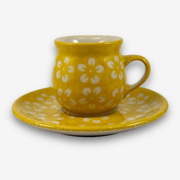 波蘭手繪手工陶-濃縮咖啡杯盤組 80ml 傳統圖騰系列 黃色