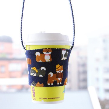 文青風環保手提杯袋~柴犬的日常 深藍  手工雙面 環保飲料袋 吸水 手搖杯 咖啡提袋 交換禮物