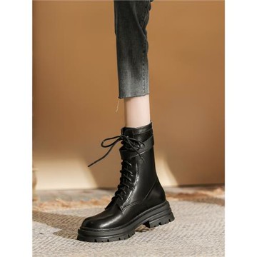 海倫館真皮中筒靴女2025夏季新款靴子黑色馬丁靴女款厚底薄款女靴