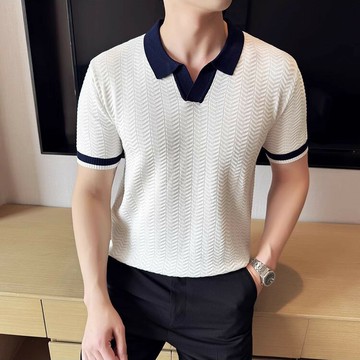 2025夏季薄款冰絲針織衫男短袖拼接翻領高級感休閑百搭流行POLO衫鑫弘-衣錦男裝