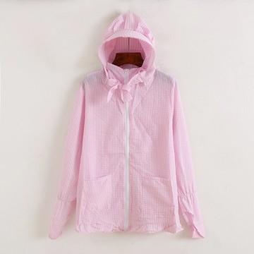 格子防曬服 夏季新款騎車防紫外線連帽大碼長袖女上衣 外套M/3-4