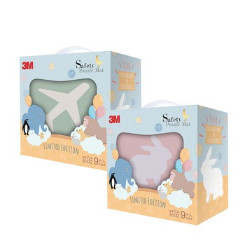 美國 3M - 安全巧拼地墊禮盒 2入組-乾燥玫瑰+晨霧綠 (32*32*2公分)-一入9片[6片素色+3片動物造型] 內附...