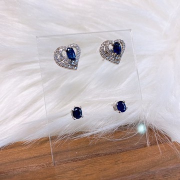 天然寶石 天然藍寶石耳針 愛心款  爪鑲素面款 925純銀