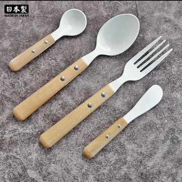 日本進口高桑金屬木柄白搪瓷琺瑯勺子叉子攪拌勺水果點心叉西餐勺