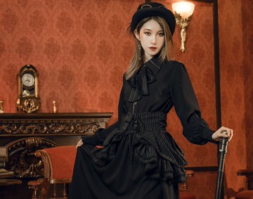 蒸汽朋克 哥特風復古  直筒單排扣暗紋尖領蝴蝶結襯衫