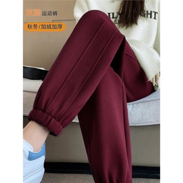 安克拉紅運動褲女春秋薄款2025新款高腰寬松大碼加絨秋冬休閑衛褲