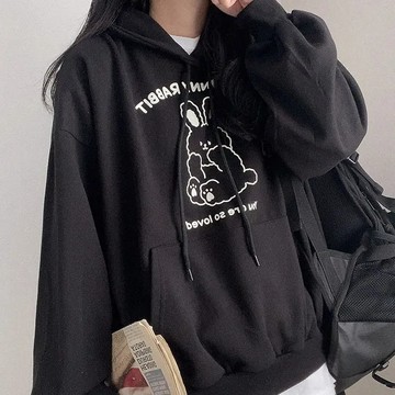 Vuja de 純棉連帽衛衣 大學t 薄衛衣 oversize 大學t 長袖 秋冬上衣 兔子印花 潮流衣服 刷毛 衣服女