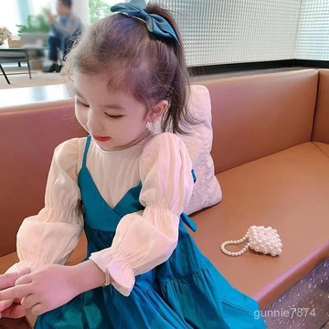【甜美一夏】韓係雪紡長袖花邊優雅連衣裙甜美可愛女童兒童春款連衣裙假兩件 女童連衣裙 夏裝 女童洋裝 公主裙 兒童連身裙