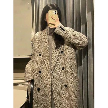 【反季促銷]斑鳩灰寬松秋冬中長款羊毛呢大衣加厚呢子外套女