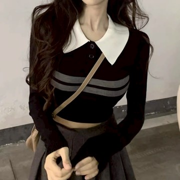 純欲風polo領針織短版條紋長袖毛衣上衣