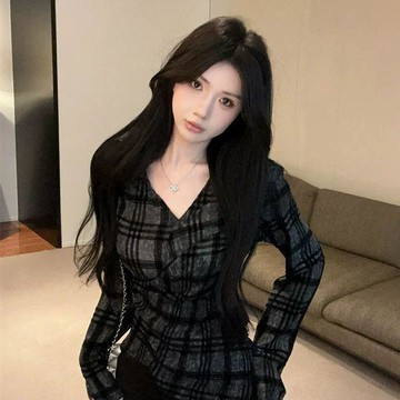免運直送🚚歐貨復古格紋印花打底衫女秋季新款不規則設計百搭洋氣顯瘦上衣HW8Y