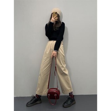 GLUFR 卡其色闊腿休閑褲女春季2025新款寬松直筒顯瘦高腰褲子