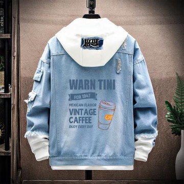 牛仔連帽外套男士秋冬新款休閑潮流加絨加厚運動工裝學生情侶夾克