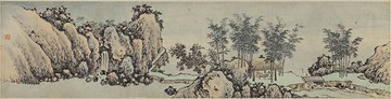 明四家沈周中秋賞月圖國畫長卷青綠山水真跡復制畫版畫仿古裝飾畫
