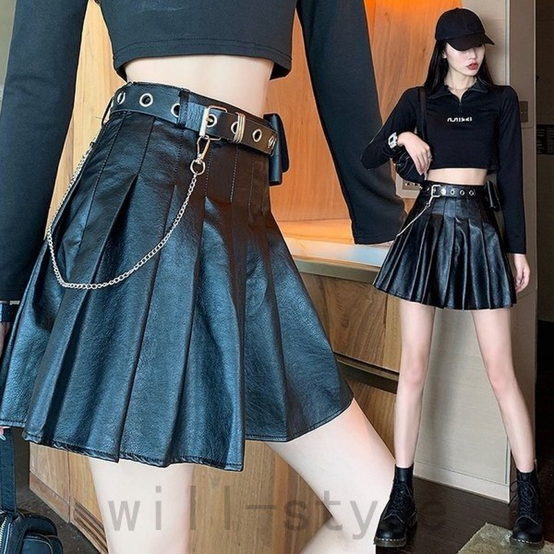 プリーツミニスカート韓国オルチャンストリートレザー原宿系フレアv系合皮衣装ショート丈ボトムス 通販 Lineポイント最大0 5 Get Lineショッピング