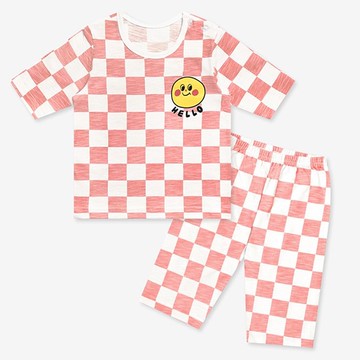 韓國 Mellisse - 韓製莫代爾透氣7分袖家居服-棋盤格-粉橘