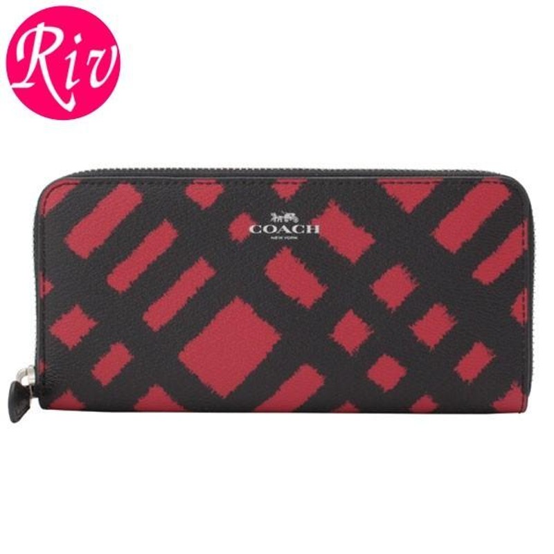 COACH コーチ 長財布 レディース ピンク 赤 チェック ラウンドファスナー