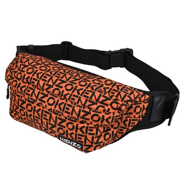 KENZO 5SA221 滿版印花尼龍肩斜腰包/胸口包.黑/橘