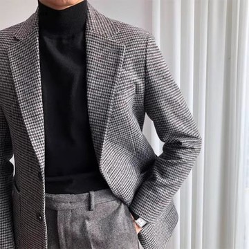 英倫復古時尚春秋款羊毛呢子修身商務西服外套 千鳥格西裝男外套