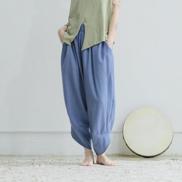 OMAKE 小開衩燈籠褲 / 礫紋布 灰藍