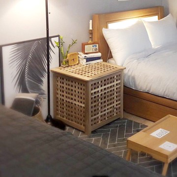 【原木網格儲物箱+免運】床頭櫃 床邊桌 邊幾 北歐風實木網格儲物箱民宿有蓋收納整理箱透氣髒衣洗衣筐拍攝道具