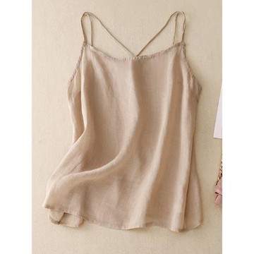 高貨純色苧麻小吊帶背心女夏季后背交叉露背簡約打底無袖棉麻上衣