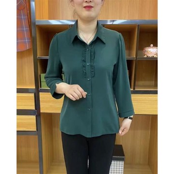 媽媽洋氣春款中袖上衣2022女士雪紡小衫中老年時尚條紋七分袖襯衫