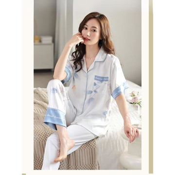 真絲睡衣女夏季桑蠶絲綢短袖長褲大碼寬松胖MM薄款冰絲家居服套裝