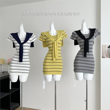 夏季女披肩兩件套遮肉顯瘦條紋針織包臀短裙法式氣質小公主連衣裙