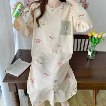 【臺灣出貨】睡裙少女寬鬆春秋季 年新款長袖學生大碼可愛休閒可外家居服長袖睡衣女生睡衣一件式睡衣韓國居家服