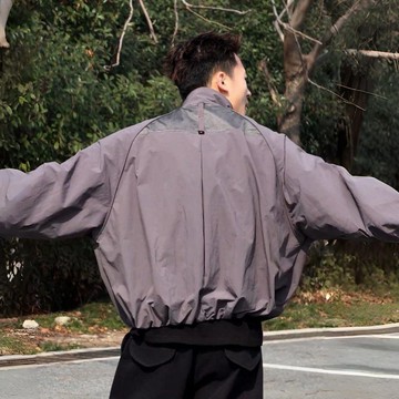 夾克外套男 薄款外套 立領 夾克 工裝外套 風衣 衝鋒衣 春季重磅蝙蝠袖立領夾克男士美式潮流時尚百搭戶外防風衝鋒衣