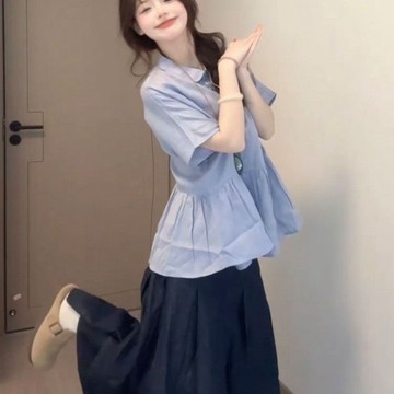 【砂糖夢境】甜美學院風可愛寬鬆短袖襯衫女學生夏季新款疊穿顯瘦半身裙兩件套