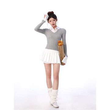 SHIYIYUE學院風Polo領拼接假兩件針織衫女早秋上衣修身內搭打底衫