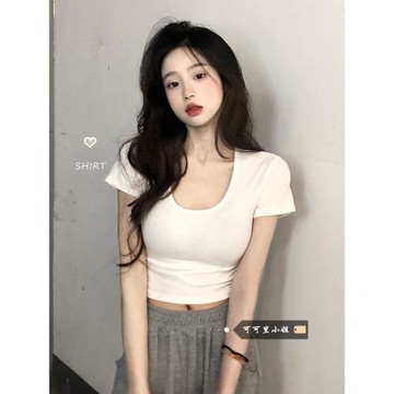 純欲風大U領短款T恤秋季2025新款修身顯瘦網紅辣妹氣質短袖上衣女