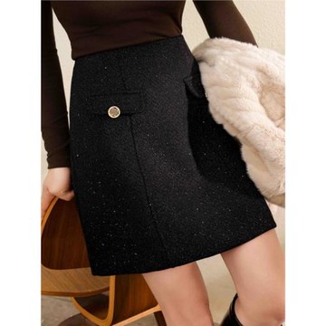 白領哥弟新2025秋冬新款小香風亮絲黑色羊毛半身裙高腰A字短裙女
