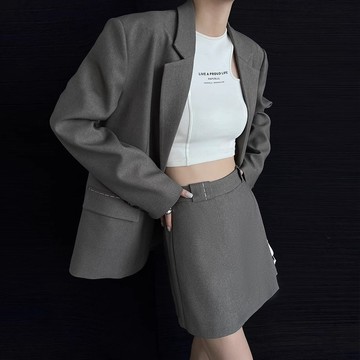 S-XL 韩版高阶感時髦西裝套裝 長袖西裝+A字褲裙兩件套套裝 灰色西裝套裝 小眾設計感