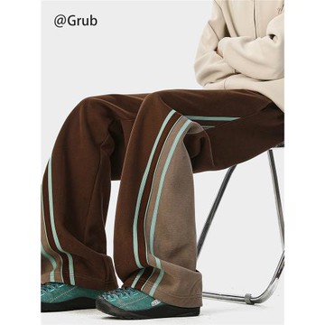 美式撞色條紋運動衛褲男女冬季潮牌加絨休閑長褲復古寬松直筒褲子