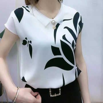 娃娃領雪紡衫女|夏季新款短袖襯衫|時尚減齡上衣|大碼印花短袖上衣|寬鬆雪紡襯衫|氣質娃娃領上衣|簡約韓版上衣|寬鬆短袖衫