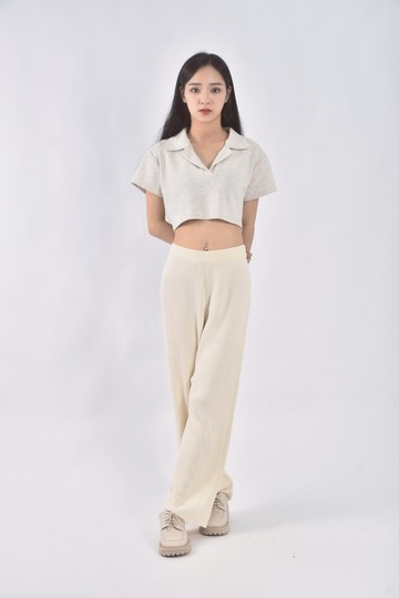 (S) icb高腰針織寬管白色長褲