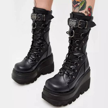 大碼朋克暗黑厚底騎士靴punk women wedge boots martin boots